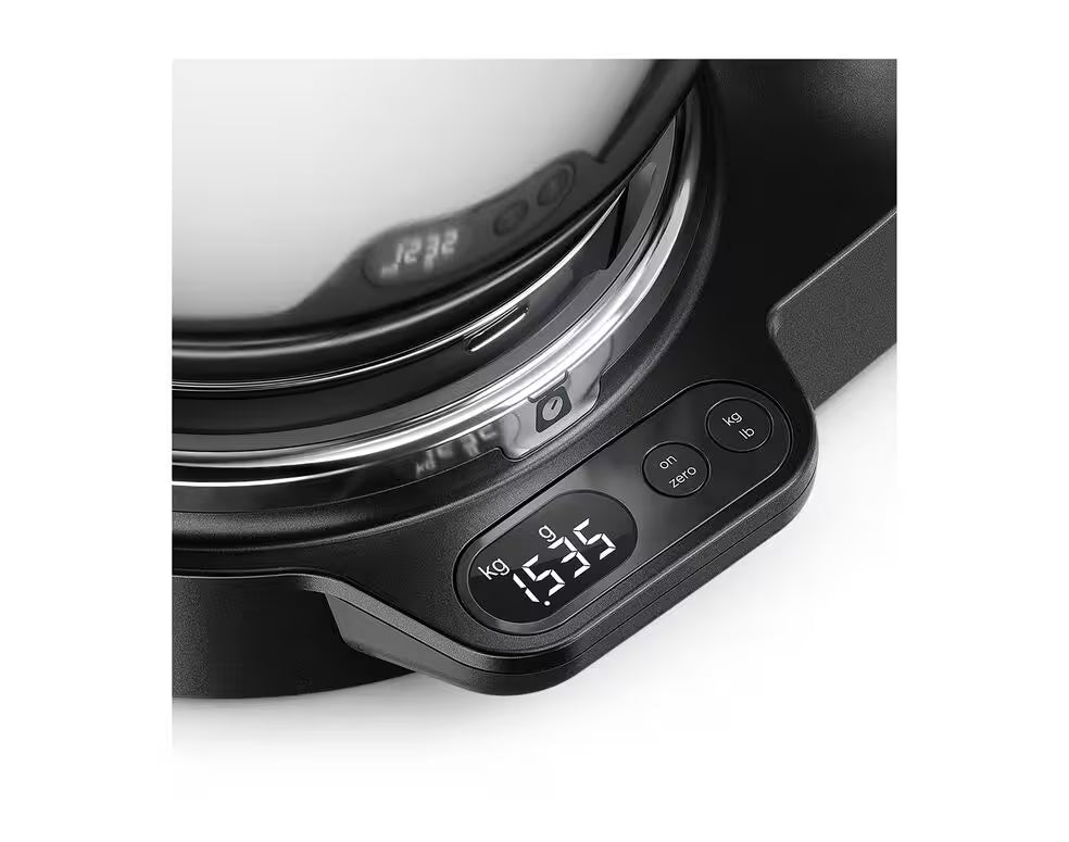 Close-up of Kenwood Kvc85.004Bk Titanium Chef Baker digital scale display and control buttons.