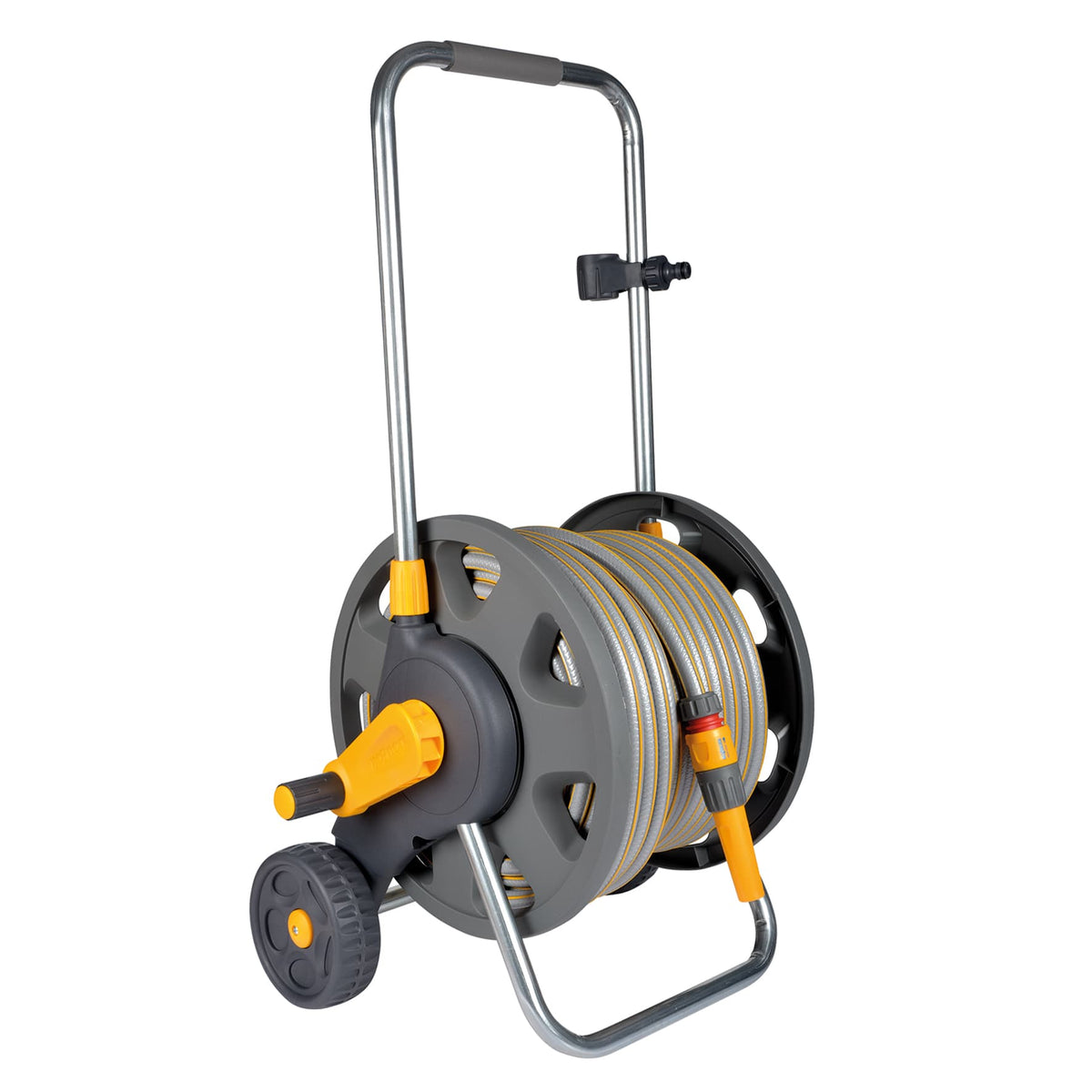 Hozelock 60m wheeled hose cart with 30m hose, easy manual rewind, adjustable handle, durable plastic frame - Keans