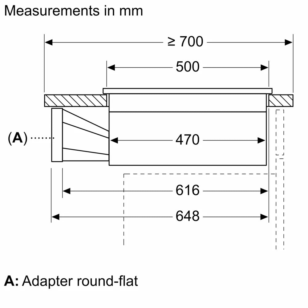 Technical diagram showing side measurements and round-flat adapter for Neff N50 Induction Hob with ventilation system.