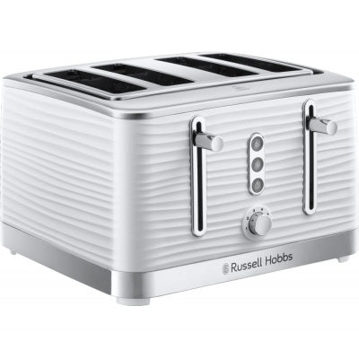 Russell Hobbs Inspire 4-slice white toaster with chrome accents, two levers, control dial, and crumb tray.