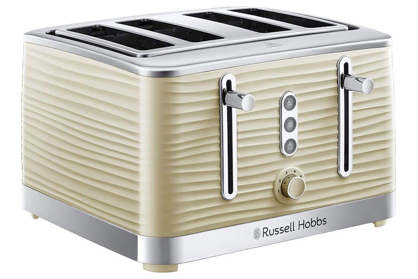 Russell Hobbs Inspire Cream 4 Slice Toaster with textured cream body, chrome accents, and control buttons on front.