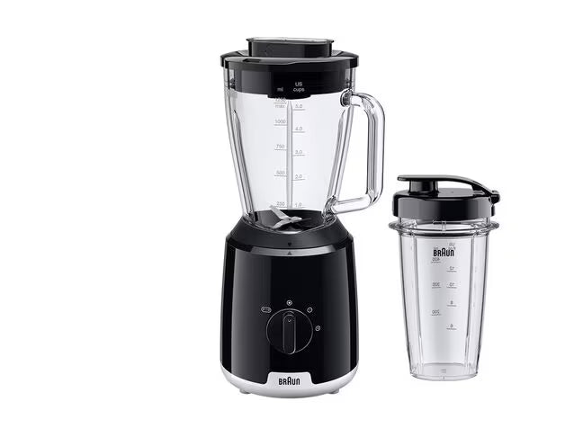 Braun PowerBlend 1 JB1051BK blender with black base, clear triangular jug, and matching Smoothie2Go bottle.