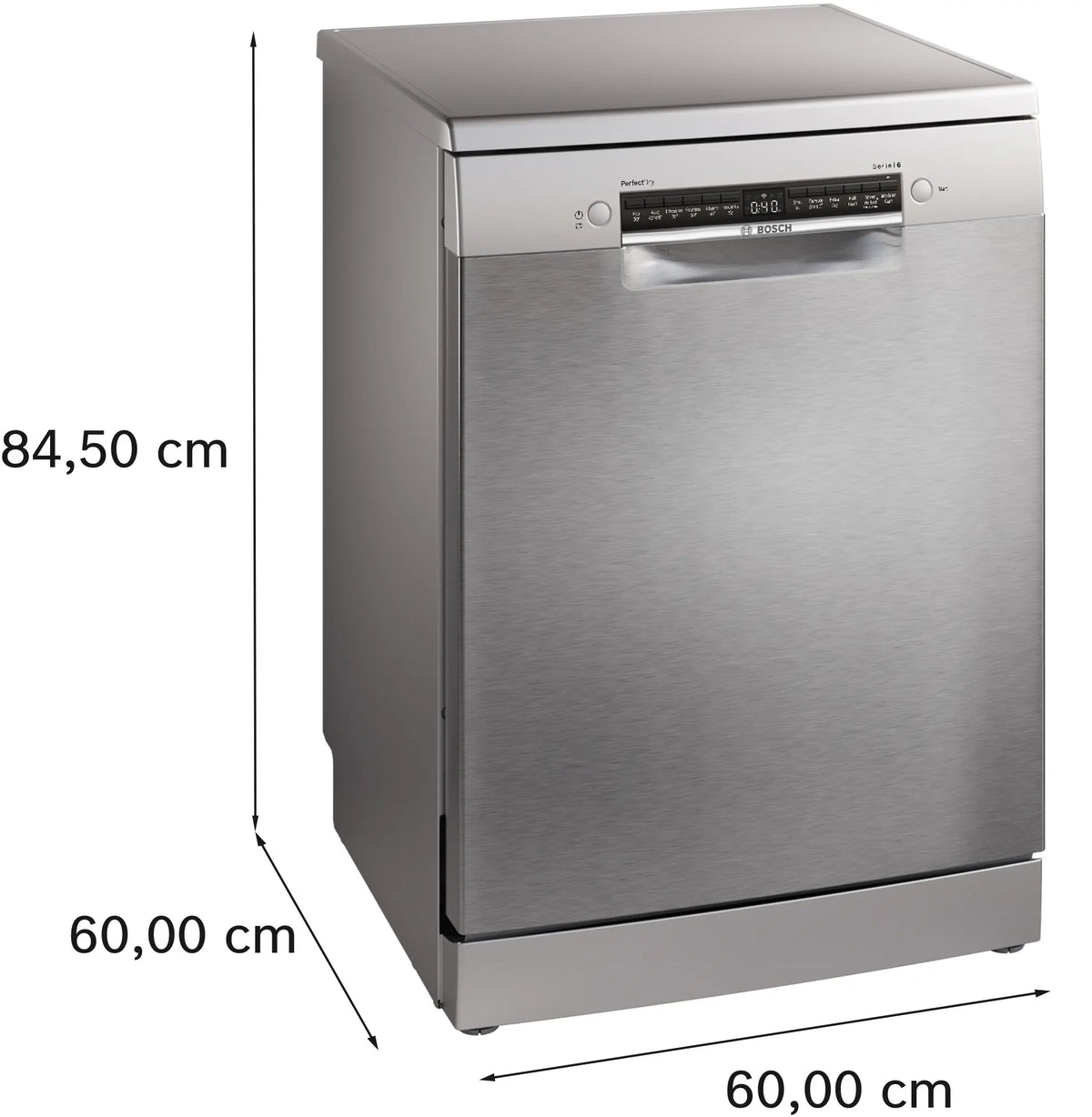 Bosch Series 6 freestanding dishwasher in stainless steel with control panel and dimensions shown