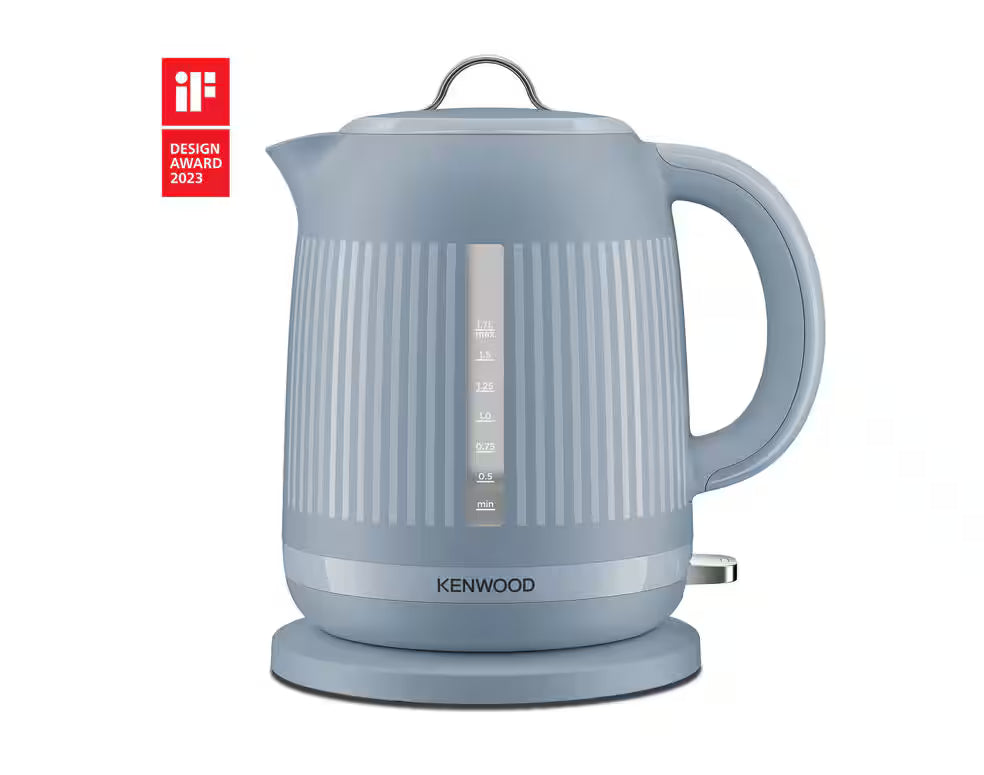 Kenwood Dawn Collection Blue Kettle with textured body, water level window, and stainless steel handle on a 360° base