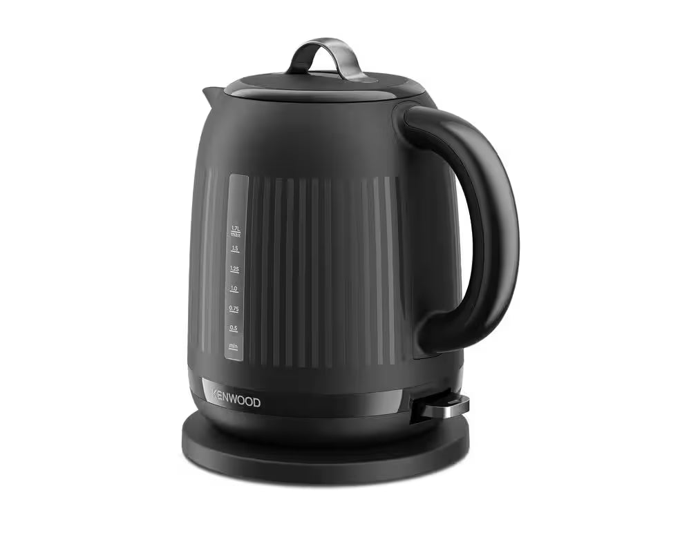 Kenwood Dawn Collection black electric kettle with water level indicator and curved handle on base