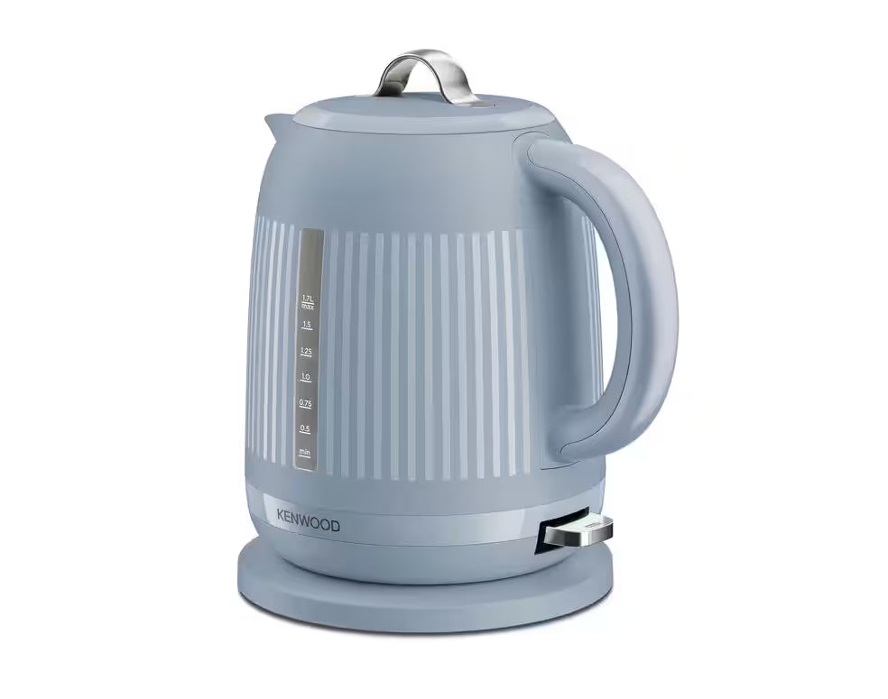 Kenwood Dawn Collection blue kettle with vertical stripes, water level indicator, and silver handle top