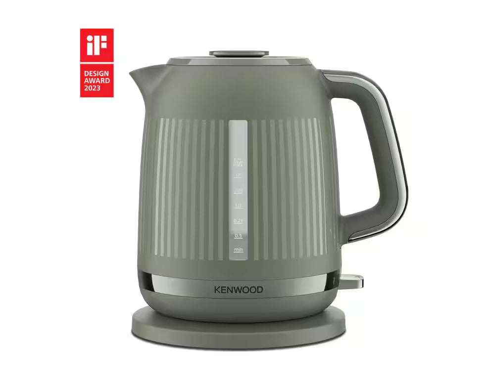 Kenwood Dusk Collection olive green kettle with vertical stripes, water level window, and 360° base, front view.