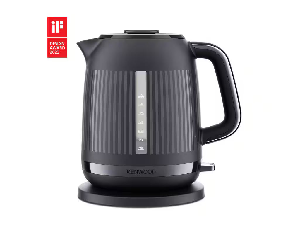 Kenwood Dusk Collection grey kettle with textured stripes, water level window, and ergonomic handle on a 360° base.