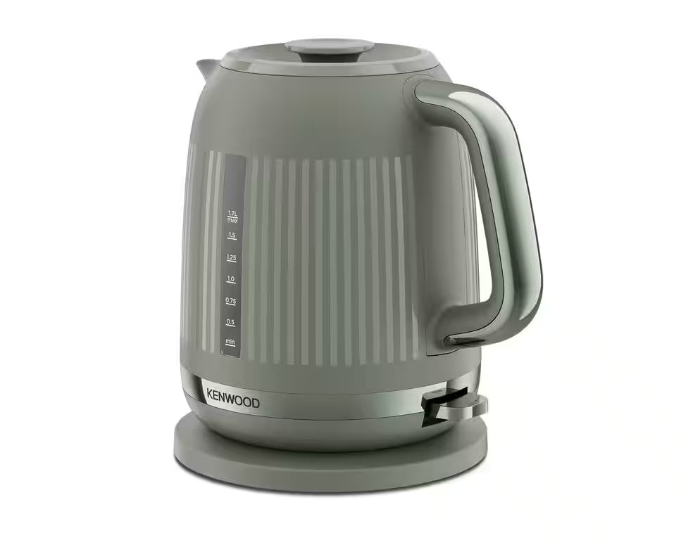 Kenwood Dusk Collection green electric kettle with water level indicator and ergonomic handle on base.
