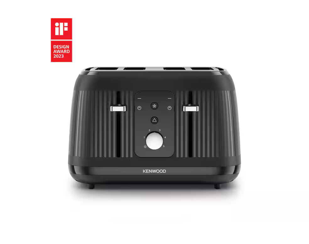 Kenwood Dawn Collection black 4-slice toaster with ribbed texture, control dial, and two levers front view.