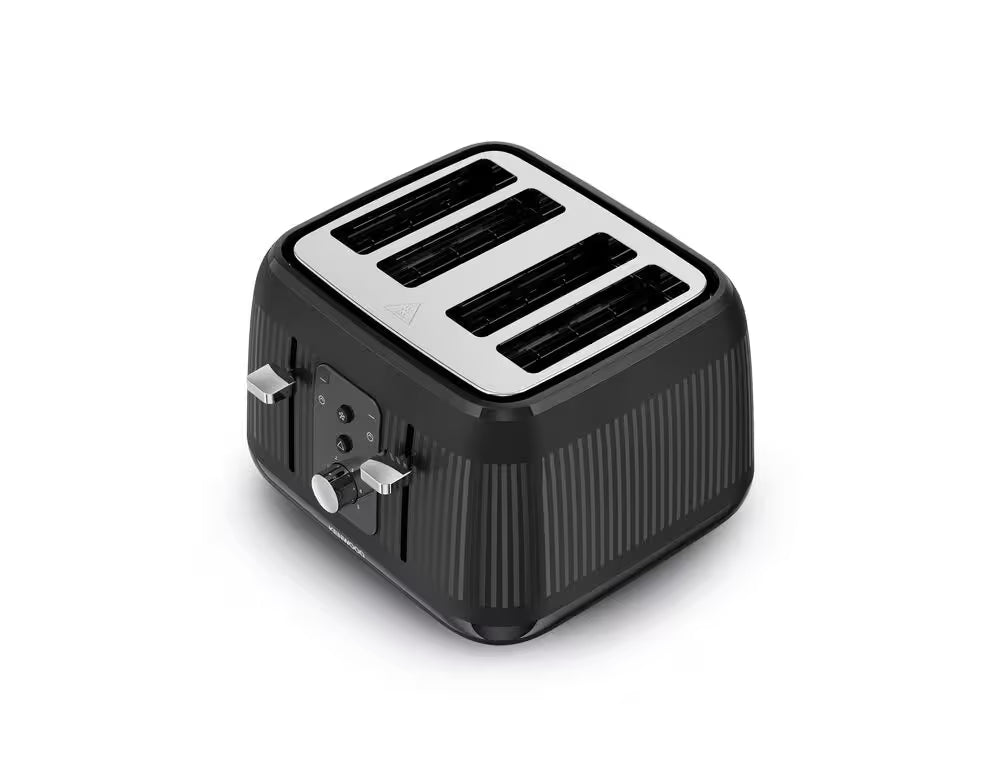 Kenwood Dawn Collection black toaster with four slots and control knobs on the side.