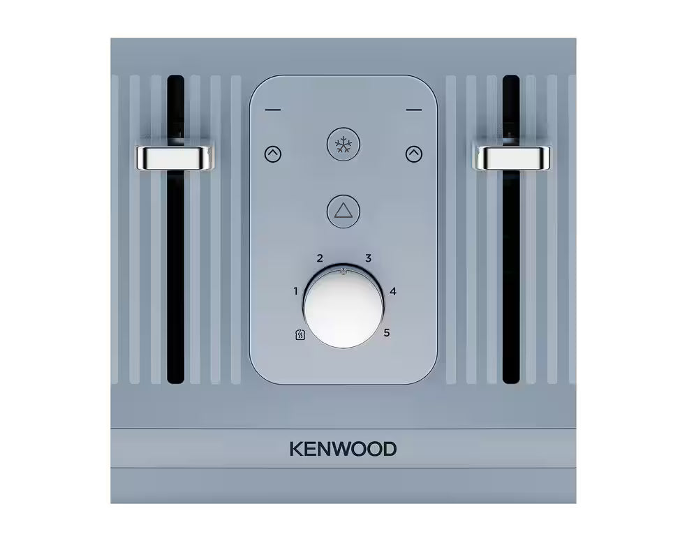 Close-up of Kenwood Dawn Collection Blue Toaster control panel with levers and browning dial.