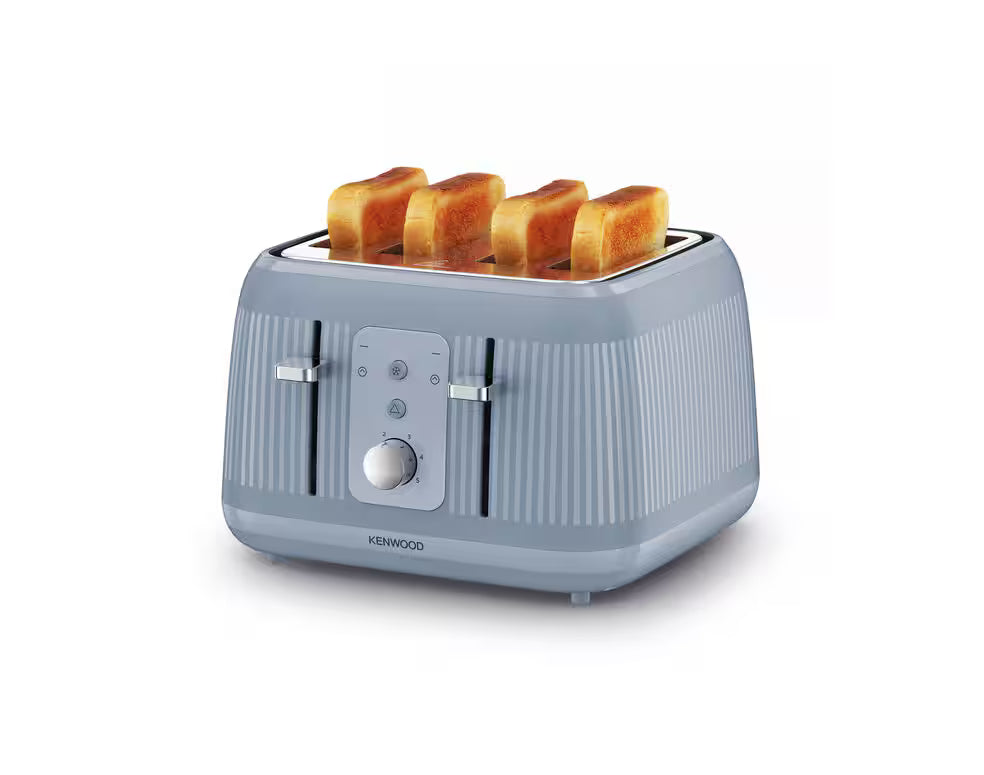 Kenwood Dawn Collection blue toaster with four slots, toasting four slices of bread.