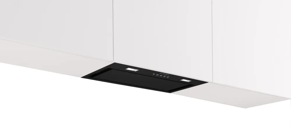 Black Bosch Series 6 DLN56AC60B canopy cooker hood installed flush under white kitchen cabinets, showing LED lights and