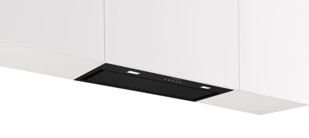 Bosch Series 6 black canopy cooker hood flush-mounted under white kitchen cabinets with LED lights and control panel.