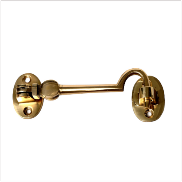 Phx 6" Victorian brass cabin hook for doors and gates, secures open or shut, available at Keans Claremorris.