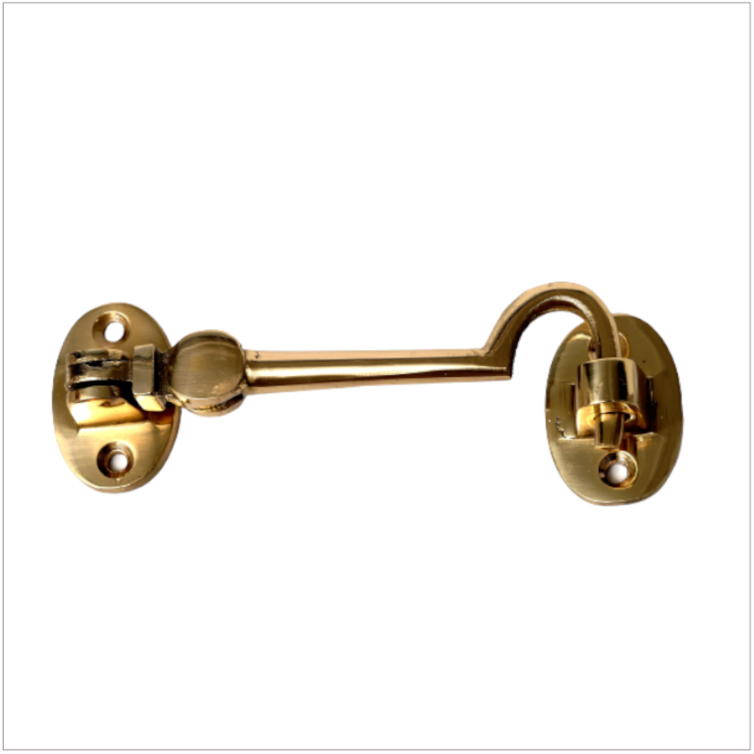 Phx 6" Victorian brass cabin hook for doors and gates, secures open or shut, available at Keans Claremorris.