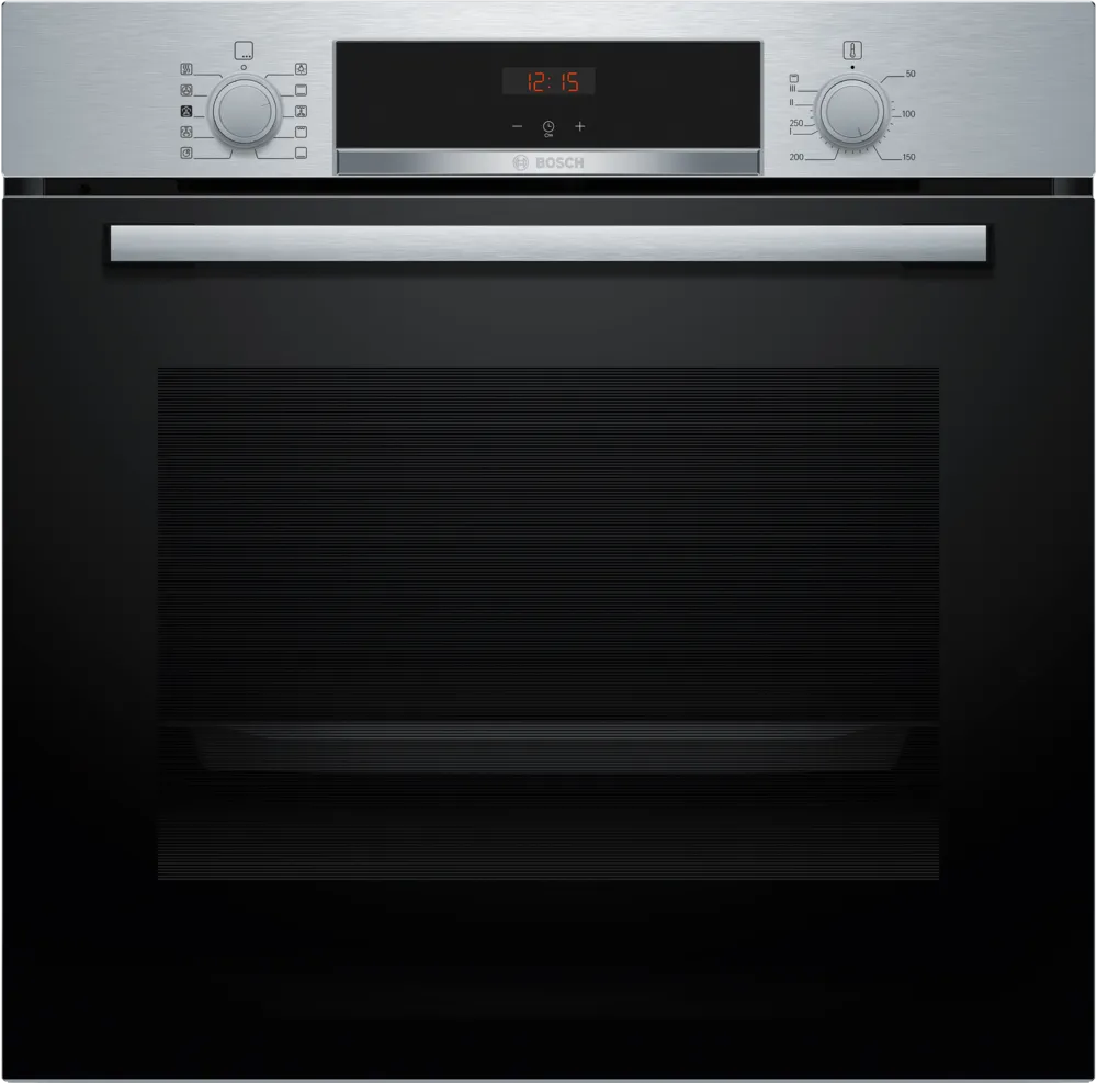 Bosch Series 4 built-in single oven in stainless steel with digital display and two control knobs.