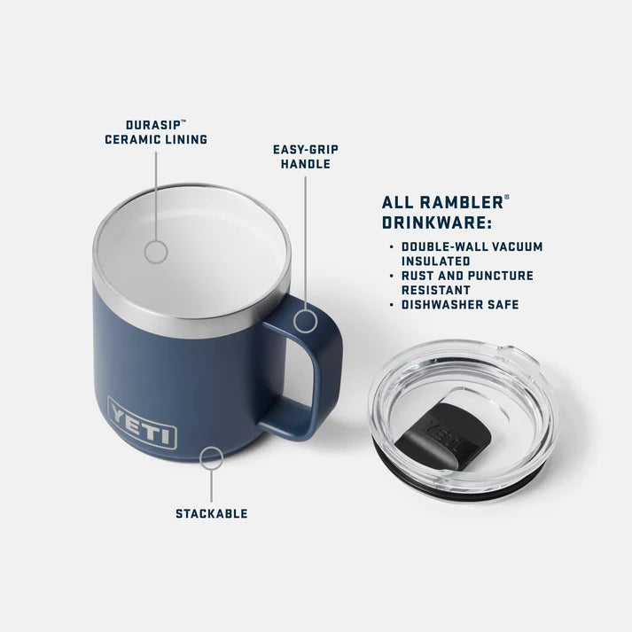 Blue Yeti Rambler 10oz mug with ceramic lining, handle, and clear MagSlider lid beside it.
