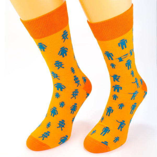 FIR 8-12 odd socks with directions, men on left, women on right, quirky design by Keans Claremorris.