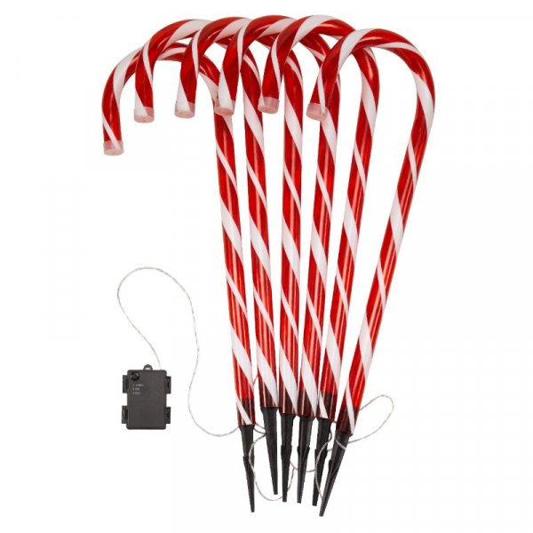 Set of 6 CandyCane Stakes with 30 warm LEDs, auto-timer, battery-operated outdoor Christmas lights – Keans Claremorris