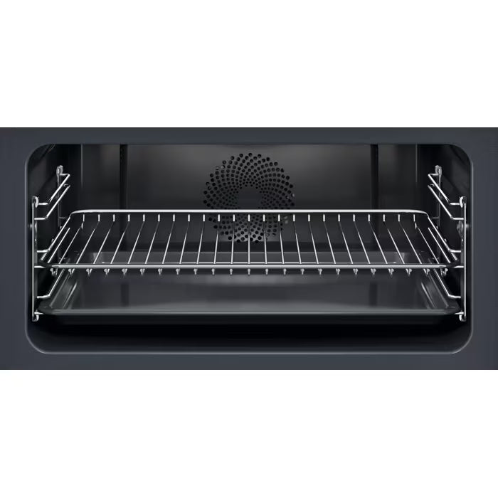 Interior view of Electrolux 43 Litre Compact Combi Oven showing wire rack and baking tray in black finish