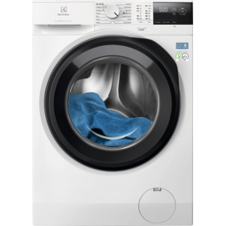 Front view of Electrolux Sensicare 10kg washing machine with blue towel inside the drum and control panel visible.