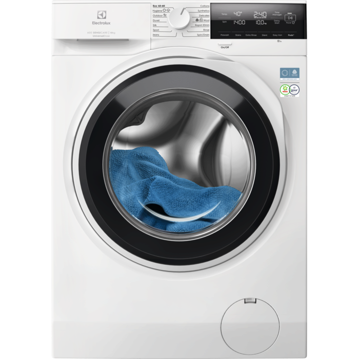 Electrolux 10kg front-load washing machine with digital display and blue towel inside drum