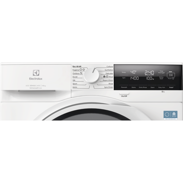 Control panel of Electrolux 10kg Auto Dose 1400 Spin washing machine showing cycle dial and digital display