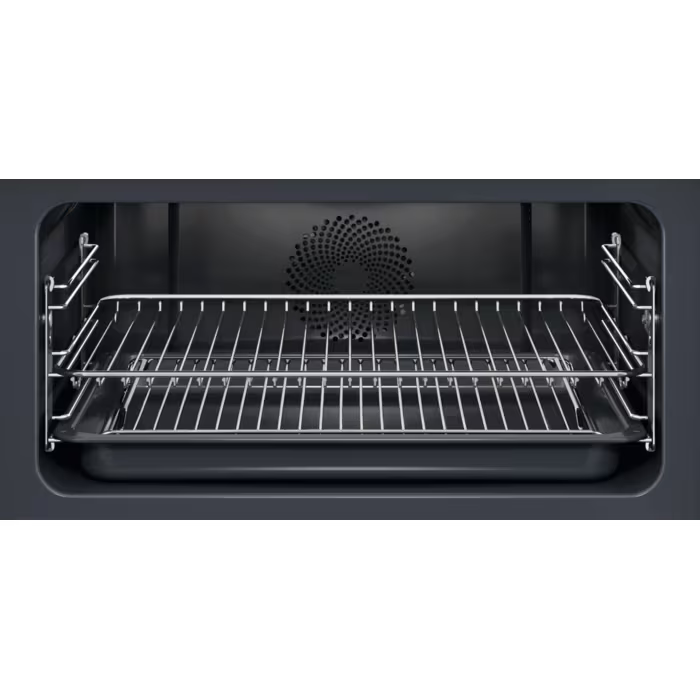 Electrolux 43L Compact Combi Oven interior showing wire rack and baking tray with rear fan.