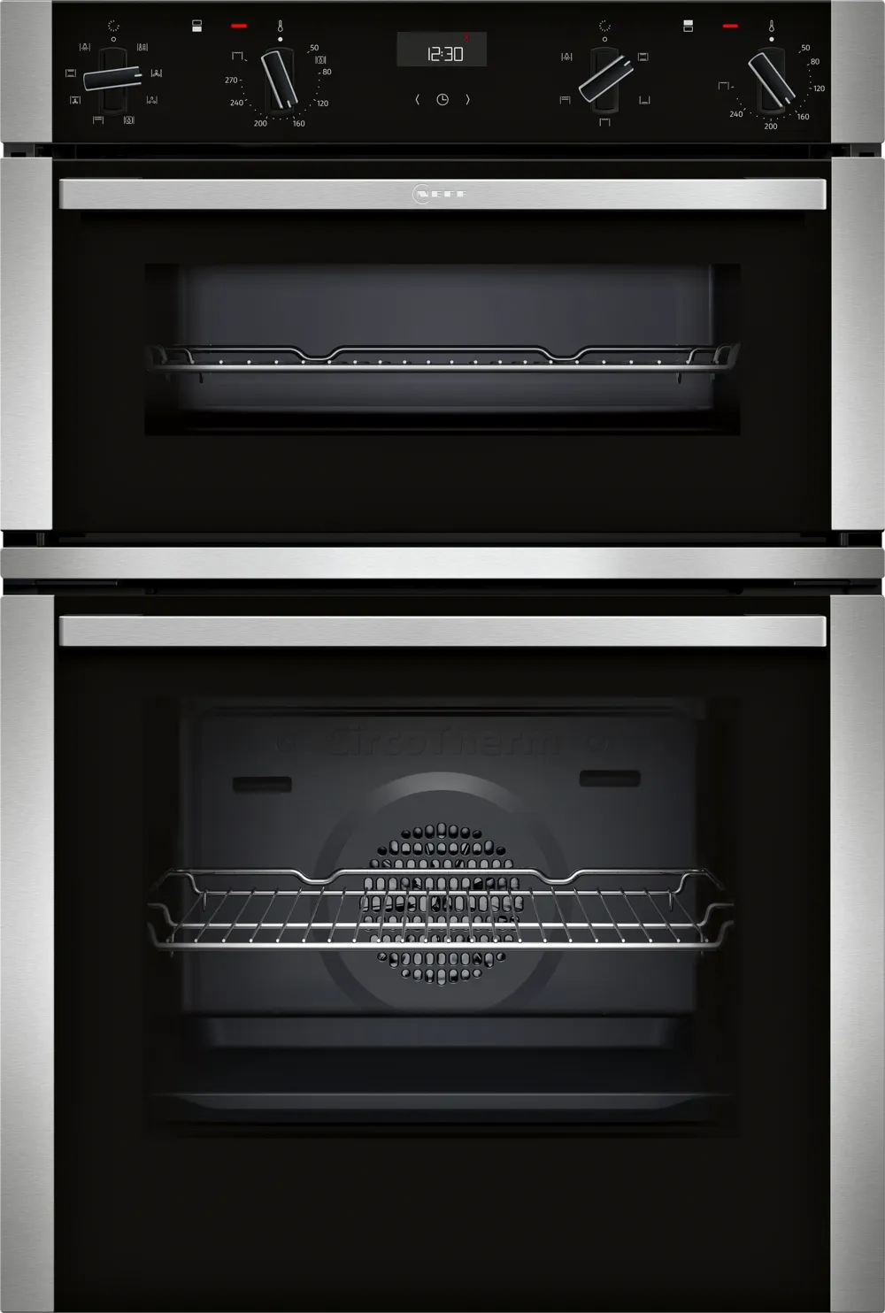Neff N50 CircoTherm built-in double oven in stainless steel with digital display and retractable knobs.