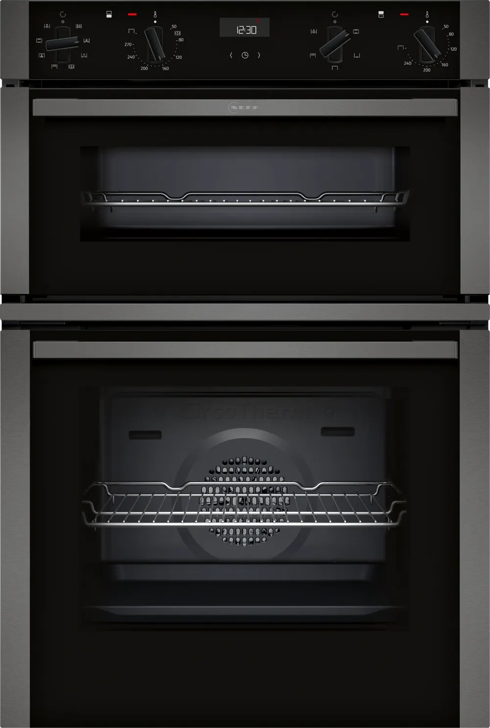 Neff N50 CircoTherm double built-in electric oven in graphite with two oven compartments and digital display panel.