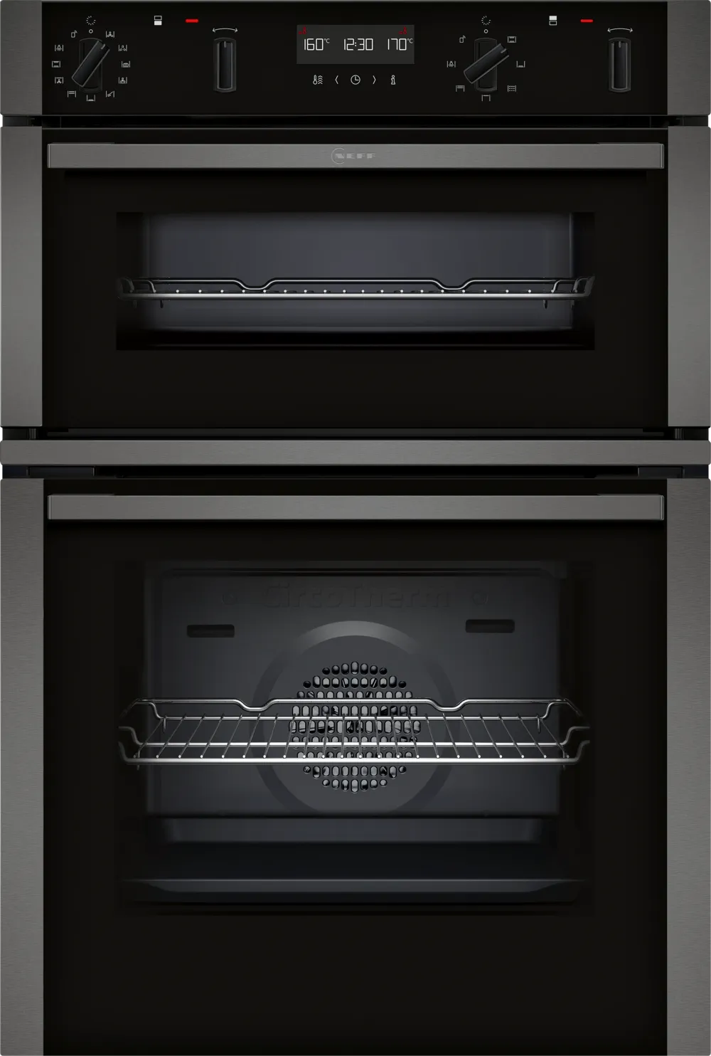 Neff U2ACH7AG7B built-in double oven in graphite grey with digital display and two open oven cavities.