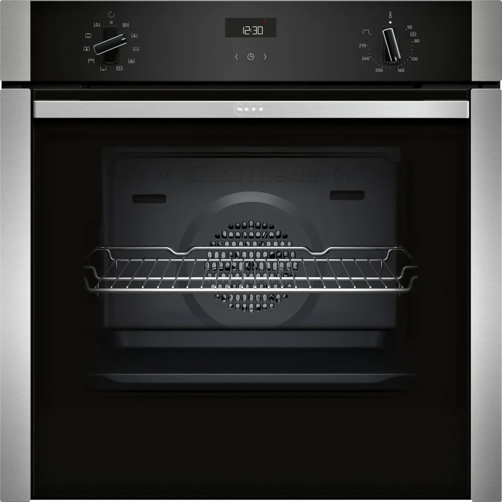 Neff N50 built-in stainless steel oven with Slide&Hide door, retractable dials, and wire rack inside.