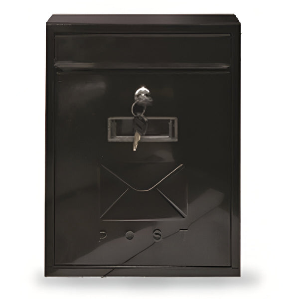 Manor Plain Black Steel Postbox with lockable front door, hinged rainproof letterflap, wall-mounted - Keans Claremorris