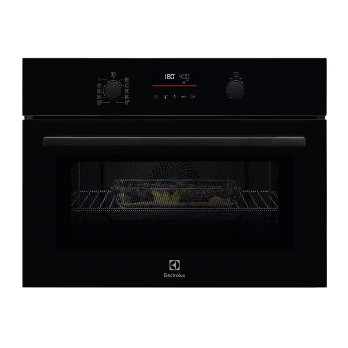 Electrolux 43 Litre Compact Combi Oven in black with digital display and two control knobs, showing food inside.