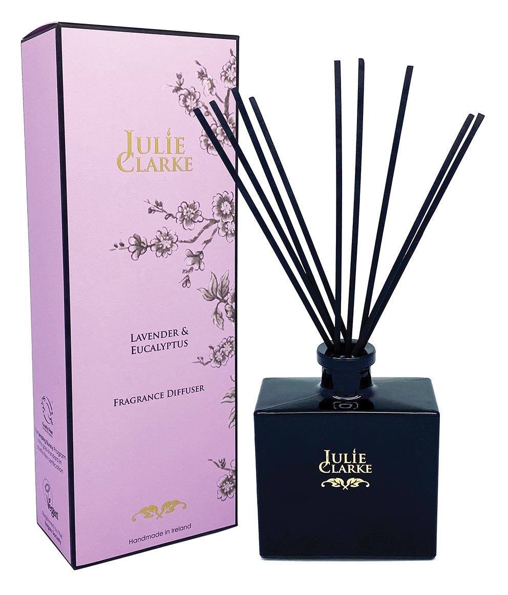 Julie Clarke Nocturne Lavender & Eucalyptus diffuser with black glass bottle and pink floral gift box.