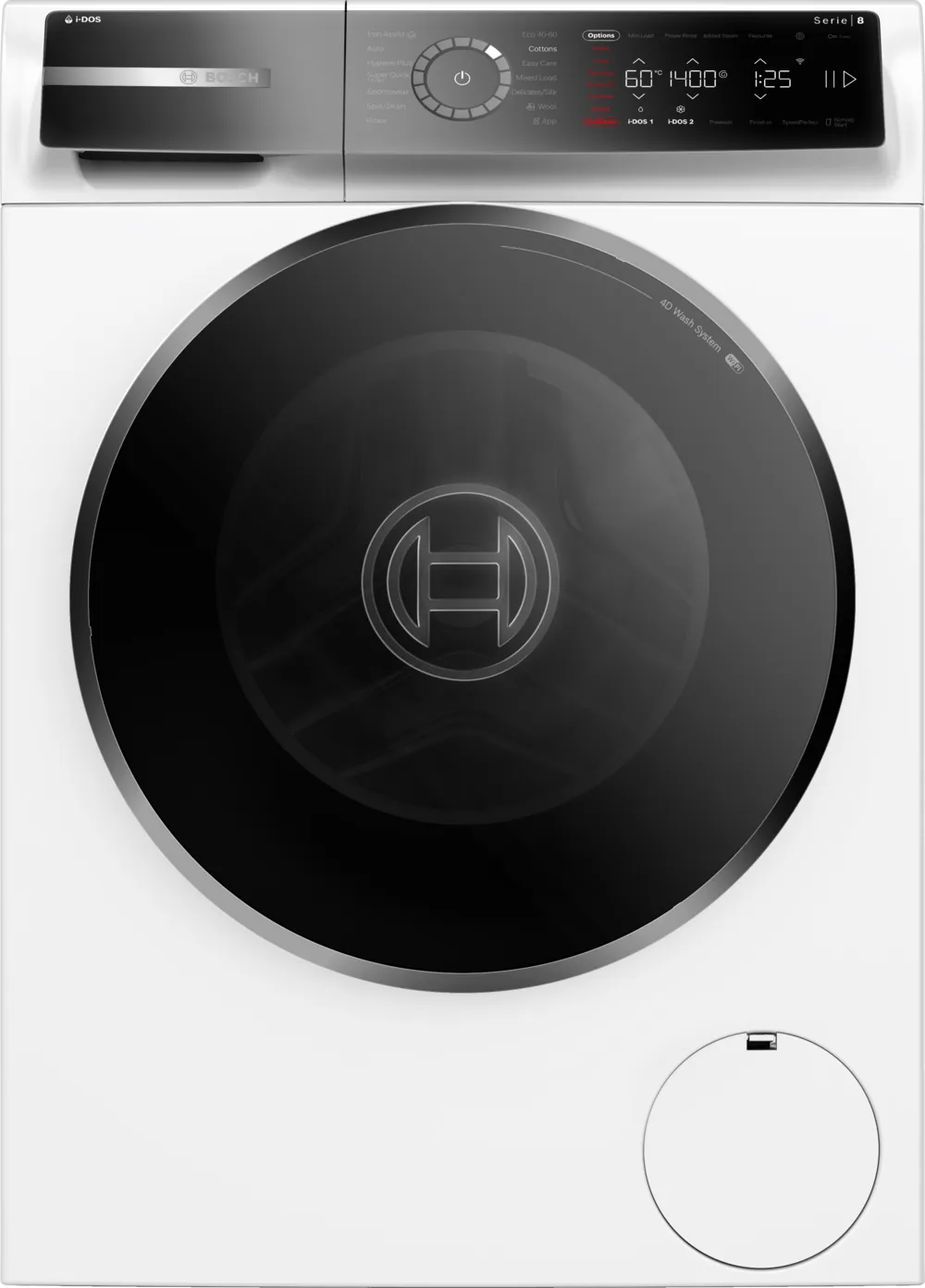 Bosch Series 8 front-loading washing machine in white with black door and digital control panel showing settings.