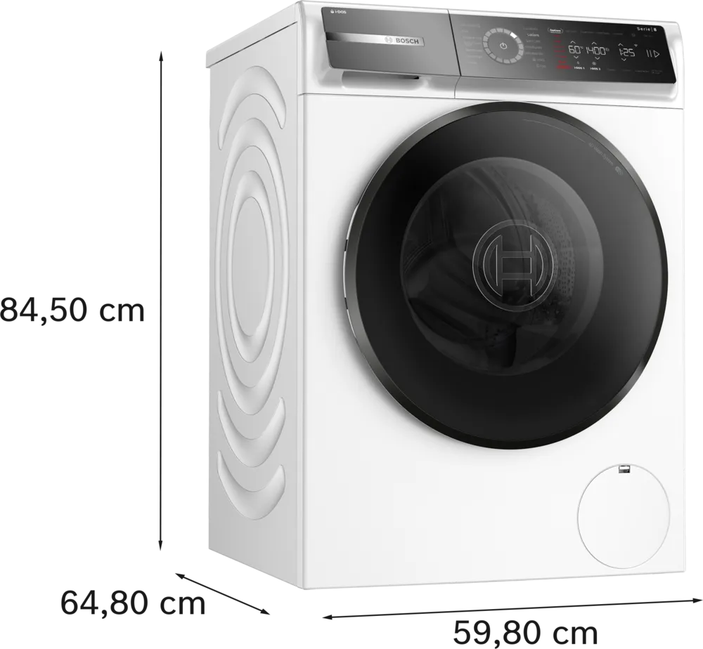 Bosch Series 8 front-loading washing machine in white with black door and digital control panel on top right