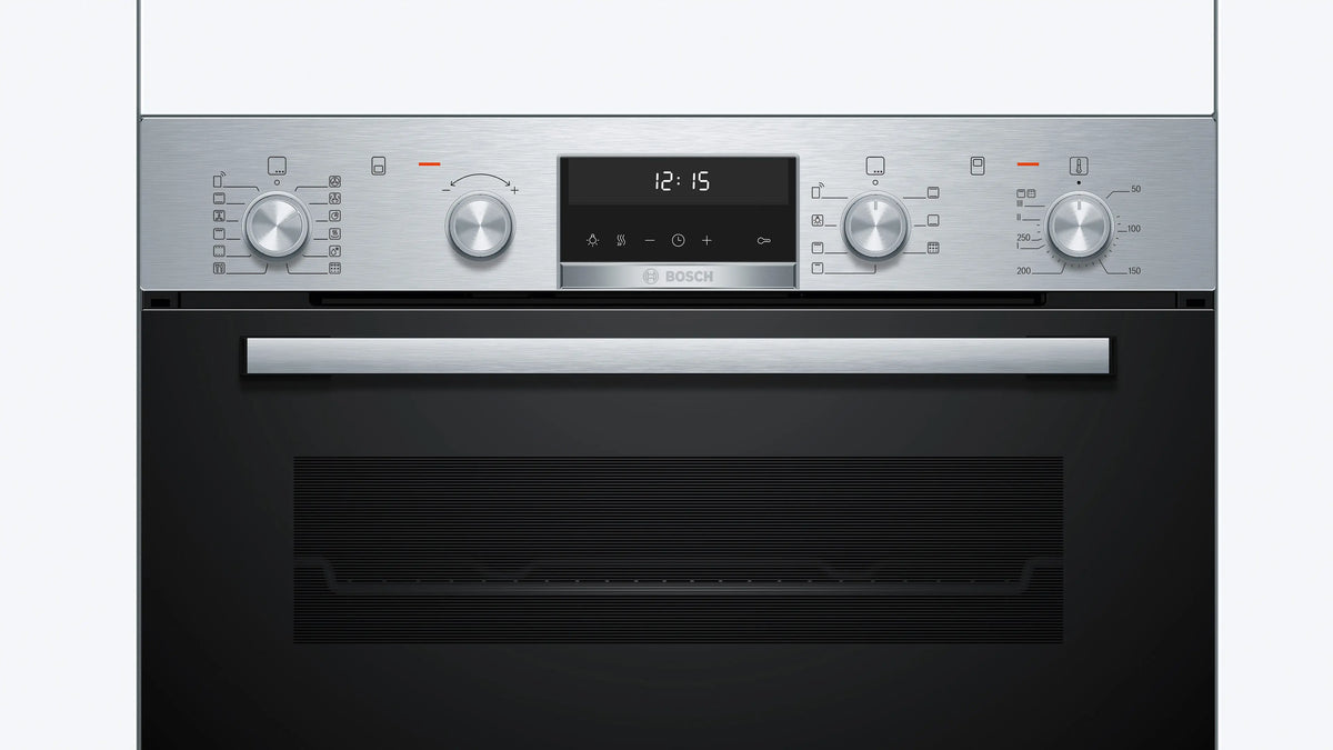 Close-up of Bosch Series 6 built-in oven control panel with knobs, digital clock, and stainless steel handle