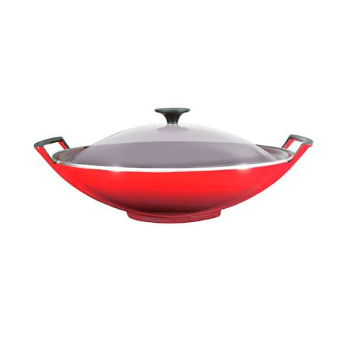 Le Creuset Cerise 36cm Cast Iron Wok with Glass Lid, 4.5L, heat-retaining, oven-safe – available at Keans Claremorris