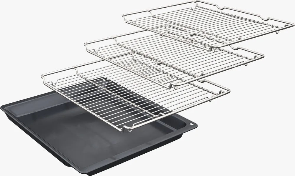 Three metal oven racks and a black baking tray for Neff N50 CircoTherm Double Oven S/S