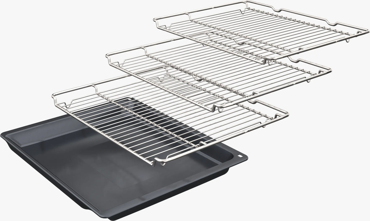 Three stainless steel oven racks and one black baking tray for Bosch Series 6 double oven.