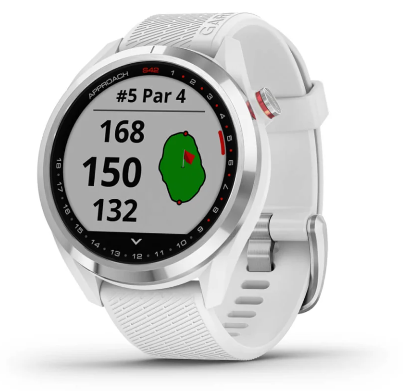 Garmin Approach S42 golf GPS watch in white with stainless steel bezel showing hole distance and green map.