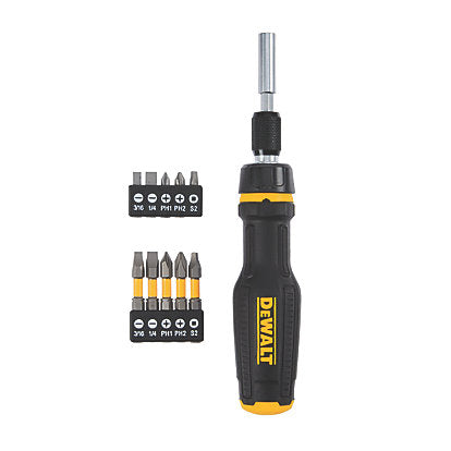 DeWalt Fullfit telescoping screwdriver with black and yellow handle and two sets of interchangeable bits.