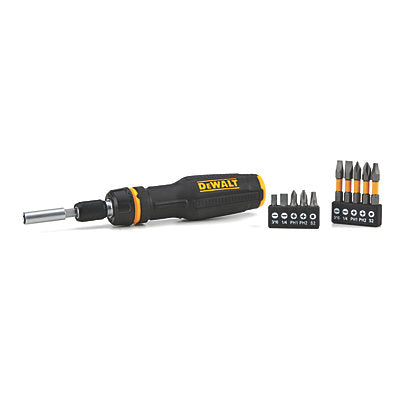 DeWalt Fullfit telescoping screwdriver with black and yellow handle and two sets of interchangeable bits.