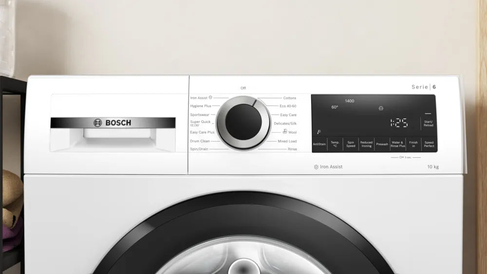 Bosch 10kg washing machine control panel with program dial, digital display, and detergent drawer handle