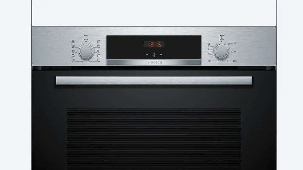 Bosch single oven in stainless steel with digital clock and two control knobs on top panel