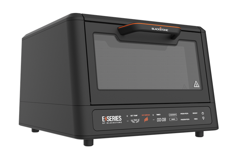 Blackstone E-Series Air Fryer and Pizza Oven Combo in black with touchscreen controls and glass door.