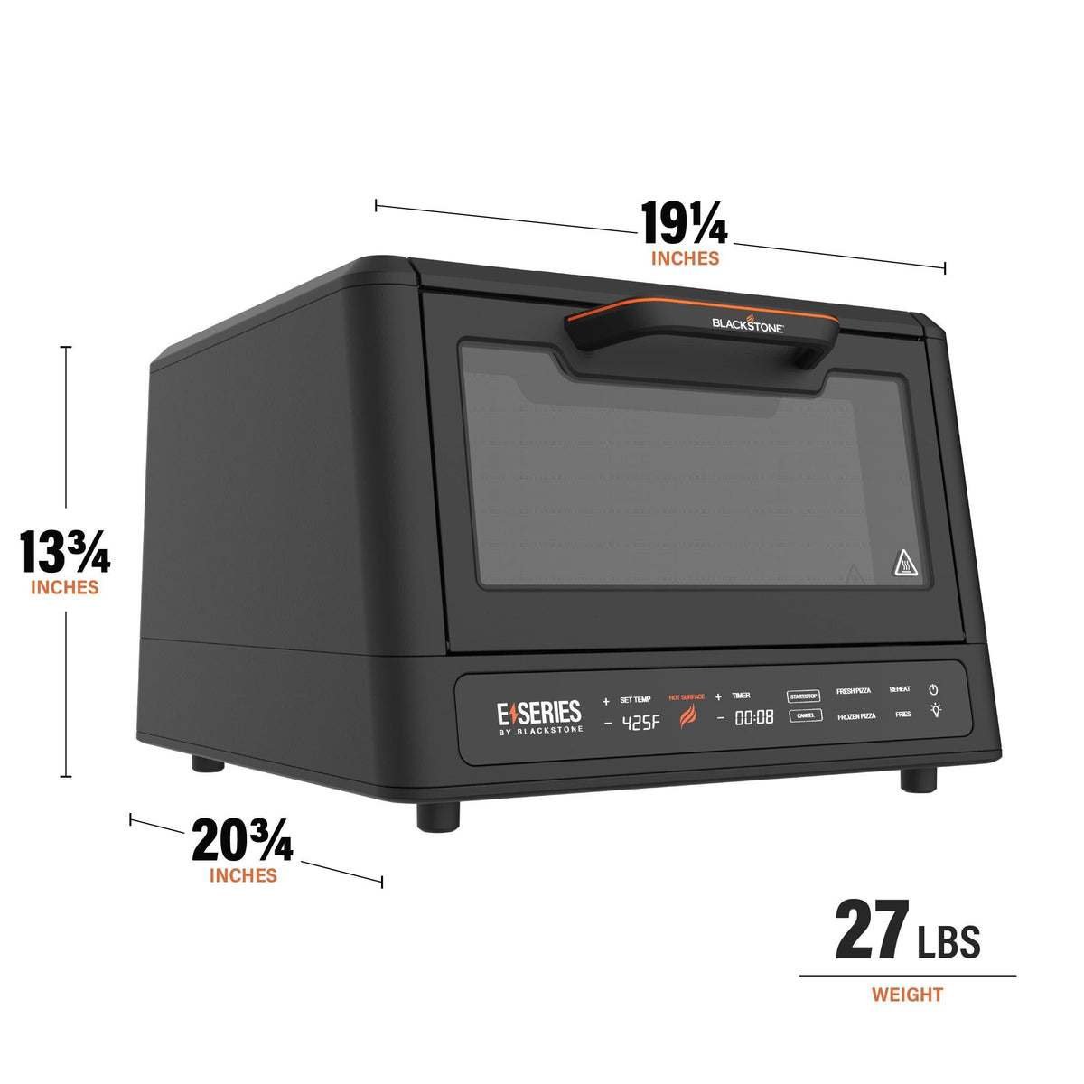 Blackstone E-Series Air Fryer/Pizza Oven Combo in black with digital controls and size dimensions shown